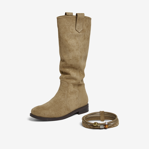 百思图2025冬季新款堆堆靴西部靴时尚复古女长靴W5862DG5