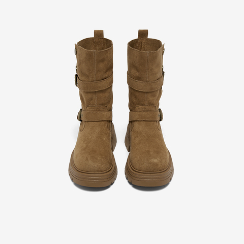 百思图2025冬季新款西部靴时尚复古厚底圆头女中靴BP335DZ5