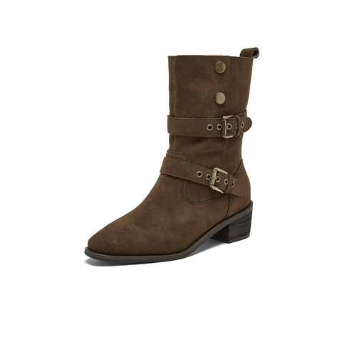 百思图2025冬季新款西部靴时尚潮流复古粗跟女中靴BP019DZ5