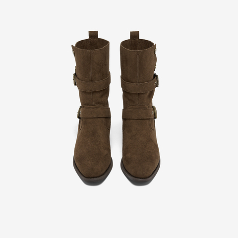 百思图2025冬季新款西部靴时尚潮流复古粗跟女中靴BP019DZ5