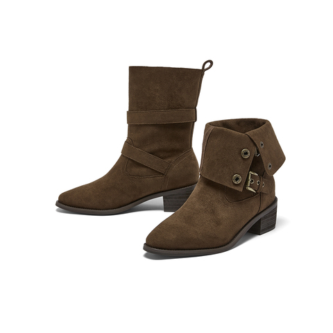 百思图2025冬季新款西部靴时尚潮流复古粗跟女中靴BP019DZ5