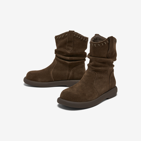 百思图2025冬季新款商场同款西部堆堆靴时尚复古女中靴D3780DZ5