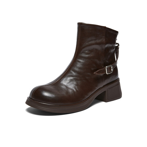 百思图2025冬季新款商场同款时装靴时尚简约粗跟女短靴UYM01DD5