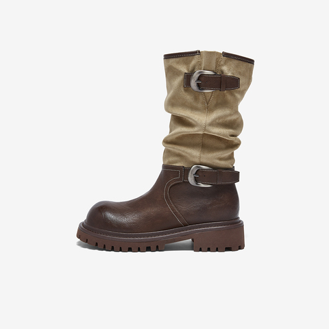 百思图2025冬季新款西部靴时尚复古潮流粗跟女中靴BP996DZ5