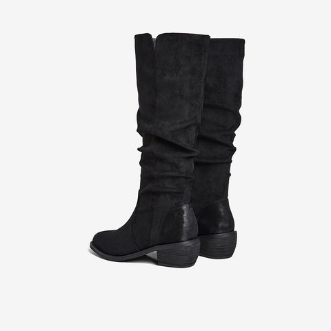 百思图2025冬季新款堆堆靴时尚潮流街头粗跟女长靴B2772DG5