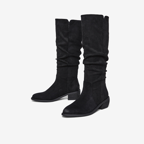 百思图2025冬季新款堆堆靴时尚潮流街头粗跟女长靴B2772DG5