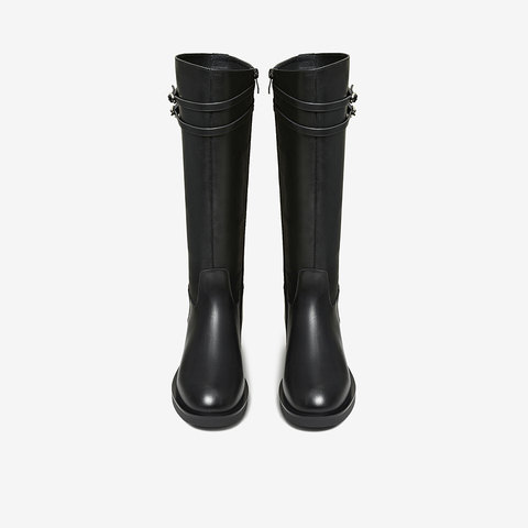 百思图2025冬季新款骑士靴简约时尚复古粗跟女长靴W6563DG5