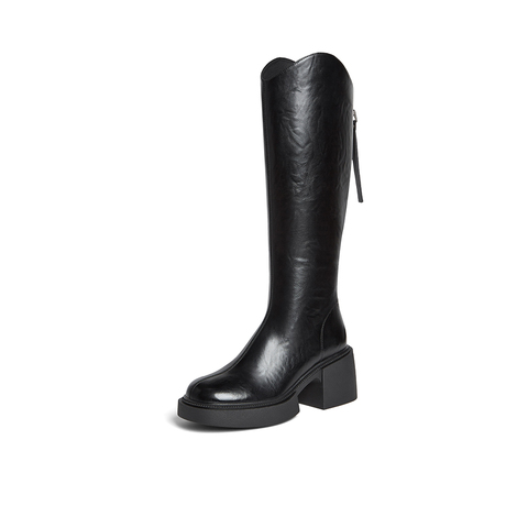 百思图2025冬季新款骑士靴时尚街头潮流通勤粗跟女长靴F3021DG5