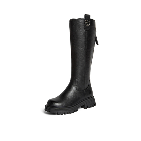 百思图2025冬季新款商场同款骑士靴简约通勤粗跟女长靴F2031DG5