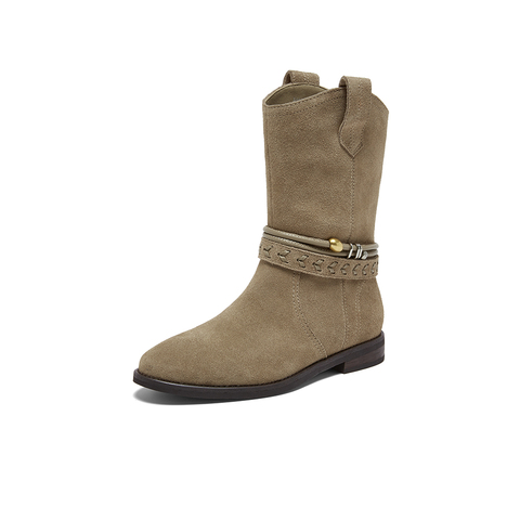 百思图2025冬季新款商场同款西部靴复古牛仔女中靴E5651DZ5