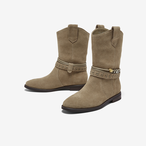 百思图2025冬季新款商场同款西部靴复古牛仔女中靴E5651DZ5