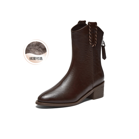 百思图2025冬季新款时装靴时尚简约潮流通勤粗跟女中靴F3011DZ5