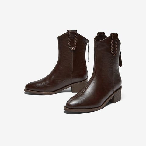 百思图2025冬季新款时装靴时尚简约潮流通勤粗跟女中靴F3011DZ5