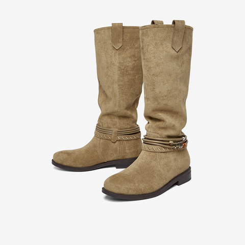 百思图2025冬季新款堆堆靴西部靴时尚复古女长靴W5862DG5