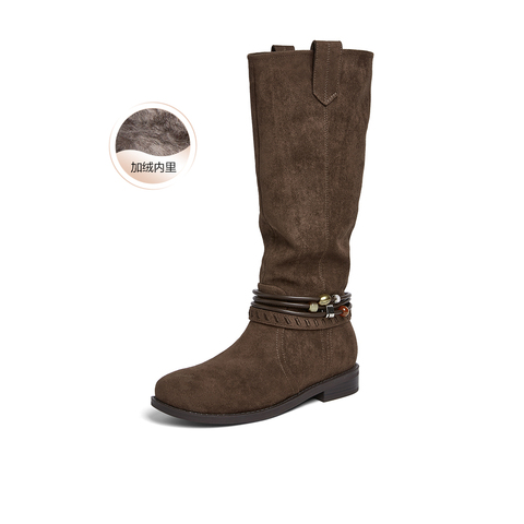 百思图2025冬季新款堆堆靴西部靴时尚复古女长靴W5862DG5