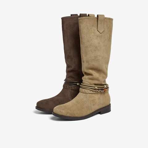 百思图2025冬季新款堆堆靴西部靴时尚复古女长靴W5862DG5