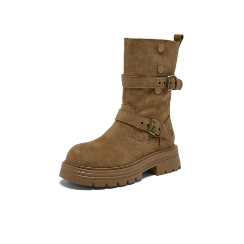 百思图2025冬季新款西部靴时尚复古厚底圆头女中靴BP335DZ5