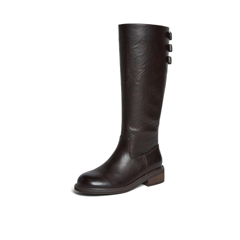 百思图2025冬季新款骑士靴时尚简约复古粗跟女长靴B7621DG5