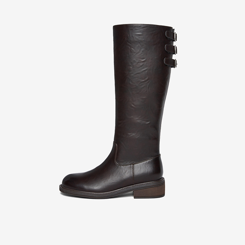 百思图2025冬季新款骑士靴时尚简约复古粗跟女长靴B7621DG5