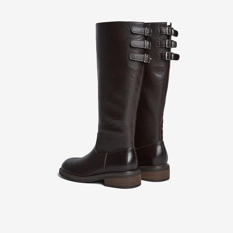 百思图2025冬季新款骑士靴时尚简约复古粗跟女长靴B7621DG5