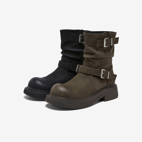 百思图2025冬季新款商场同款堆堆靴西部靴复古女中靴B8198DZ5