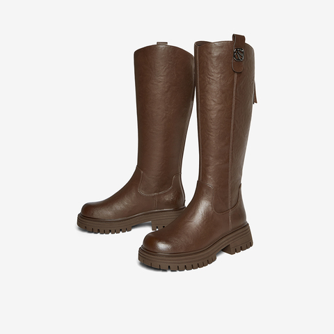 百思图2025冬季新款商场同款骑士靴简约通勤粗跟女长靴F2031DG5