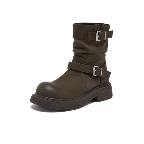 百思图2025冬季新款商场同款堆堆靴西部靴复古女中靴B8198DZ5