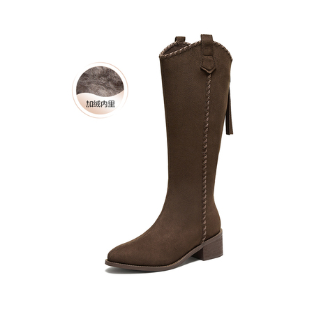 百思图2025冬季新款骑士靴潮流街头粗跟女长靴F3016DG5