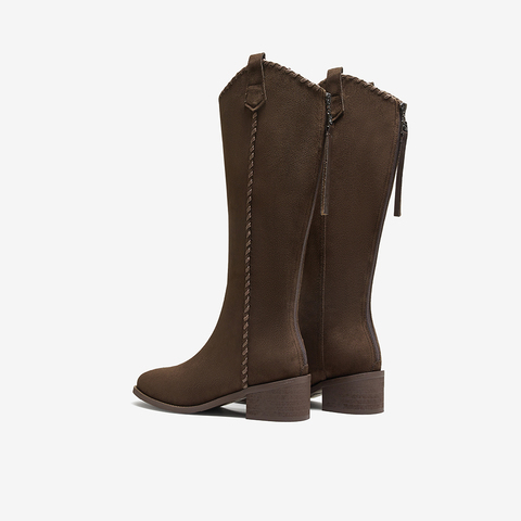 百思图2025冬季新款骑士靴潮流街头粗跟女长靴F3016DG5