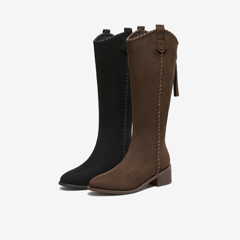 百思图2025冬季新款骑士靴潮流街头粗跟女长靴F3016DG5