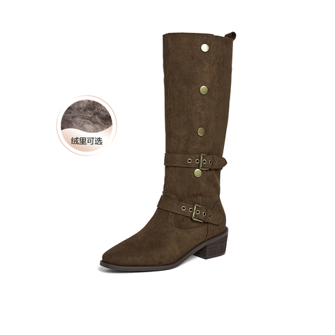 百思图2025冬季新款西部靴时尚复古潮流粗跟女长靴BP035DG5