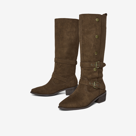 百思图2025冬季新款西部靴时尚复古潮流粗跟女长靴BP035DG5