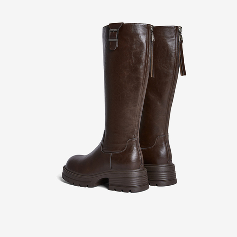 百思图2025冬季新款骑士靴时尚潮流街头粗跟女长靴F2271DG5