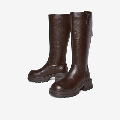 百思图2025冬季新款骑士靴时尚潮流街头粗跟女长靴F2271DG5