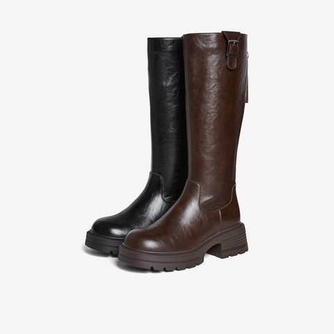 百思图2025冬季新款骑士靴时尚潮流街头粗跟女长靴F2271DG5