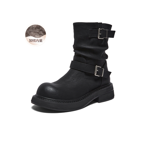 百思图2025冬季新款商场同款堆堆靴西部靴复古女中靴B8198DZ5