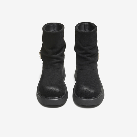 百思图2025冬季新款时装靴时尚潮流通勤粗跟女短靴W0103DZ5