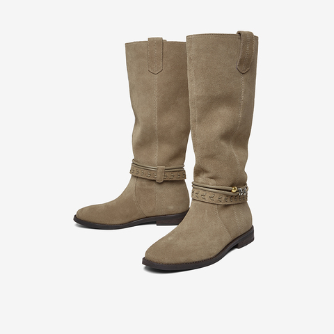百思图2025冬季新款商场同款西部靴时髦复古牛仔女长靴E5652DG5
