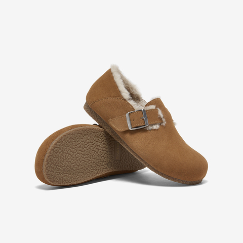 百思图2025冬季新款勃肯鞋时尚复古休闲加绒保暖女单鞋P8301DM5