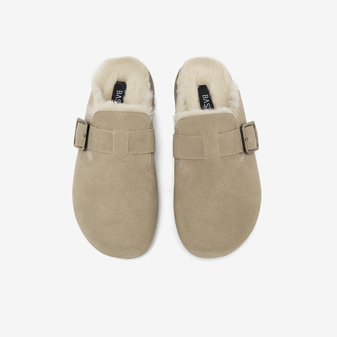 百思图2025冬季新款勃肯鞋时尚复古休闲加绒保暖女拖鞋D3788DH5