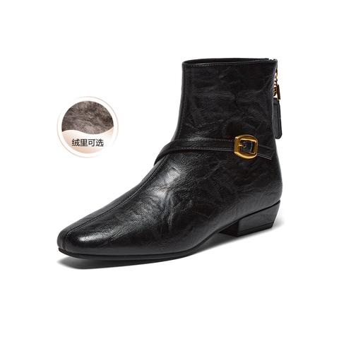 百思图2025冬季新款商场同款时装靴时尚通勤粗跟女短靴靴F3051DD5