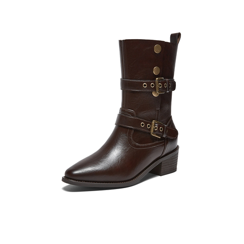 百思图2025冬季新款西部靴时尚潮流复古粗跟女中靴BP019DZ5