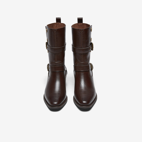 百思图2025冬季新款西部靴时尚潮流复古粗跟女中靴BP019DZ5