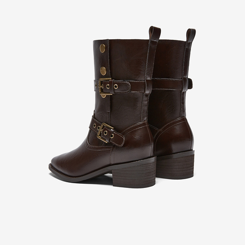 百思图2025冬季新款西部靴时尚潮流复古粗跟女中靴BP019DZ5