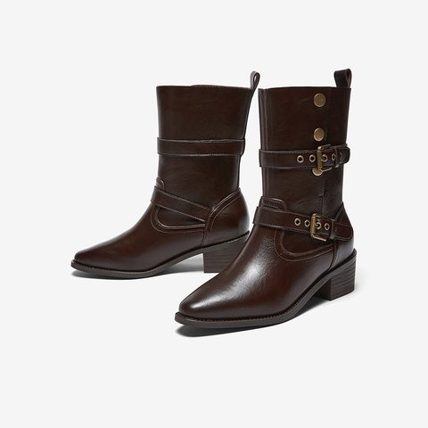 百思图2025冬季新款西部靴时尚潮流复古粗跟女中靴BP019DZ5