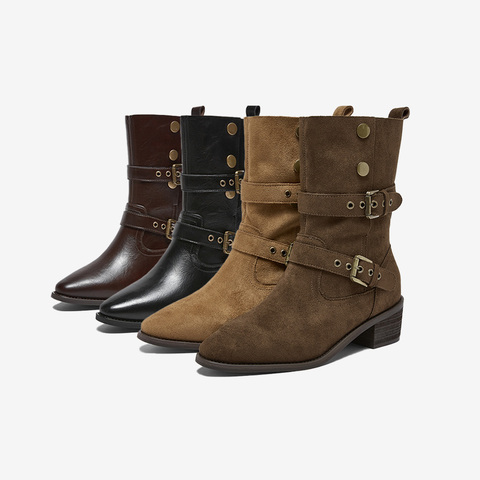 百思图2025冬季新款西部靴时尚潮流复古粗跟女中靴BP019DZ5