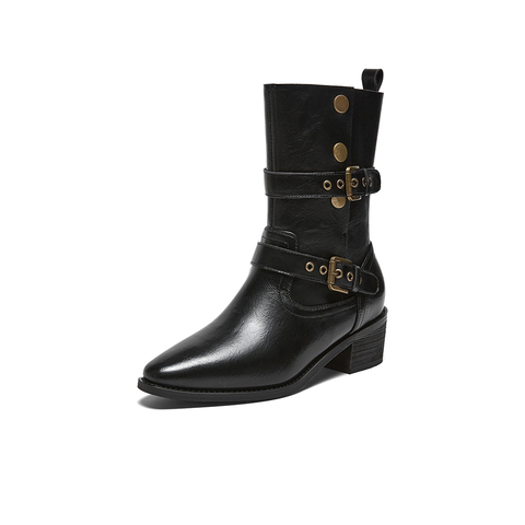 百思图2025冬季新款西部靴时尚潮流复古粗跟女中靴BP019DZ5