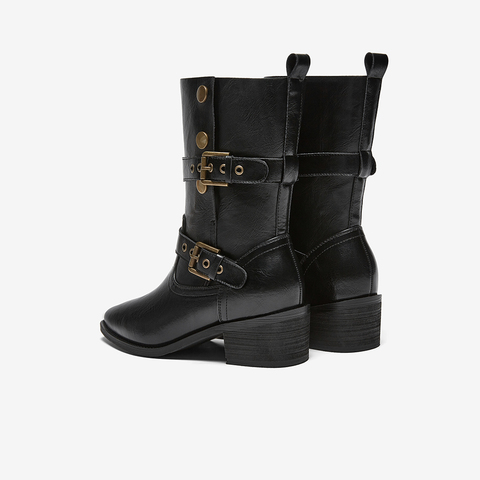 百思图2025冬季新款西部靴时尚潮流复古粗跟女中靴BP019DZ5