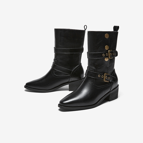百思图2025冬季新款西部靴时尚潮流复古粗跟女中靴BP019DZ5