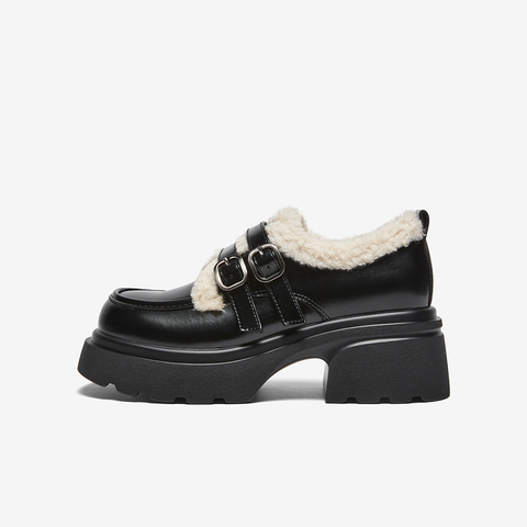 百思图2025冬季新款牛津鞋时尚加绒保暖学院风女单鞋CM691DM5